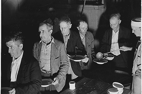 Works Progress Administration (WPA): Unemployed shown at volunteers of America Soup Kitchen (Washington, D.C. 1936). Franklin D. Roosevelt Presidential Library and Museum. Public Domain